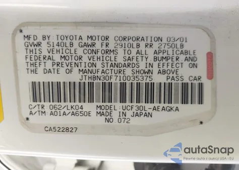 2001 Lexus Ls 430 from USA, damaged, VIN JTHBN30F710035375